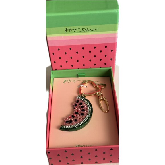 Betsey Johnson Pink-Green Watermelon Crystal Gold-Tone Key Fob Handbag Charm - Picture 3 of 5